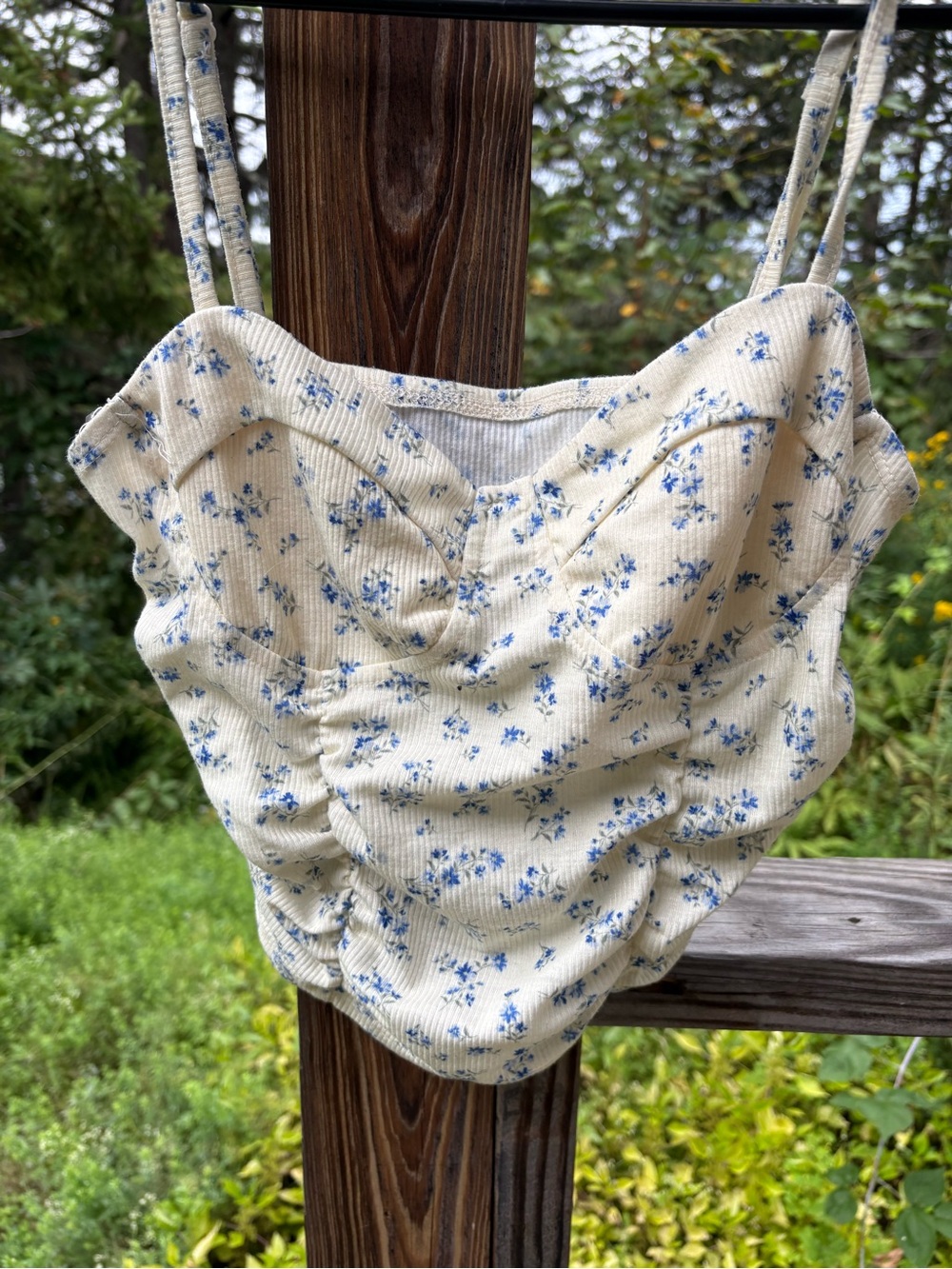 SHEIN Cream Tank Bodysuit with Blue Floral Print